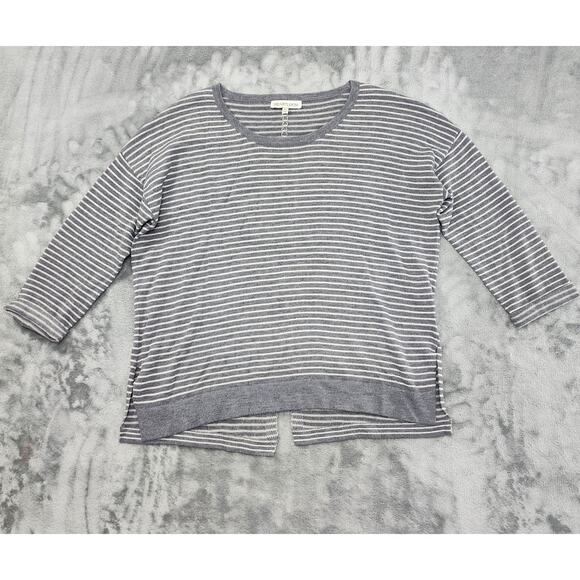 Heartloom Striped Merino Wool Crop Sleeve Sweater Size XS Gray White Back Slit - Picture 1 of 8